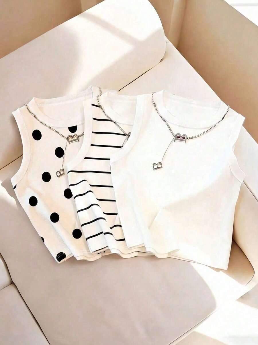 Camiseta de tirantes casual y versátil con cuello redondo y rayas para mujer - Multicolor 15 - Ver 1