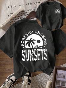 Women's Casual Short Sleeve T-Shirt - "Forever Chasing Sunsets" Graphic Print, Loose Fit, Crew Neck, Medium Stretch, All-Season Comfort, Black With White Lettering, Perfect For The Beach Or Casual Wear, Beach T-Shirt | Loose Fit Shirt | Y2k Medium T-Shirt - 黑色 - 查看 10