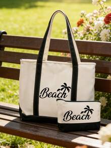 1pc Women's Canvas Shoulder Bag With "Beach" And Coconut Tree Print, Spring/Summer Style, Large Capacity, Suitable For School, Work Or Casual Use, Includes Cosmetic Bag And Pink Hair Clip, Suitable For White-Collar Women And Students, Multi-Compartment Design, Suitable For Beach, School, Work And Daily Use - Multicolor - View 7