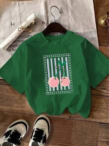 Camisa de manga corta para mujer con estampado de cerezas, de fibra de poliéster, cuello redondo, adecuada para todas las estaciones, patrón geométrico, 180 gramos por metro cuadrado, ecológ - Verde - Ver 8