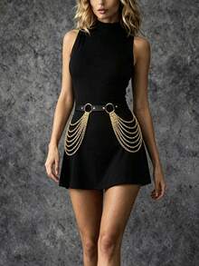 1pc Punk Black Leather Body Waist Chain Tassels Layered Belly Belt Nightclub Rave Halloween Party Body Jewelry Accessory For Women Girls - Gold - View 6