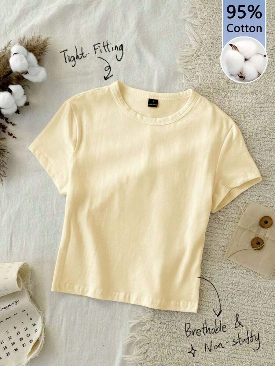 1 pieza Camiseta ajustada de forma sólida 95% algodón - Albaricoque - Ver 1
