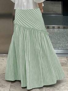 Plus Size Women's Casual A-Line Striped Ruffle Hem Versatile Skirt, Spring - Mint Green - View 3