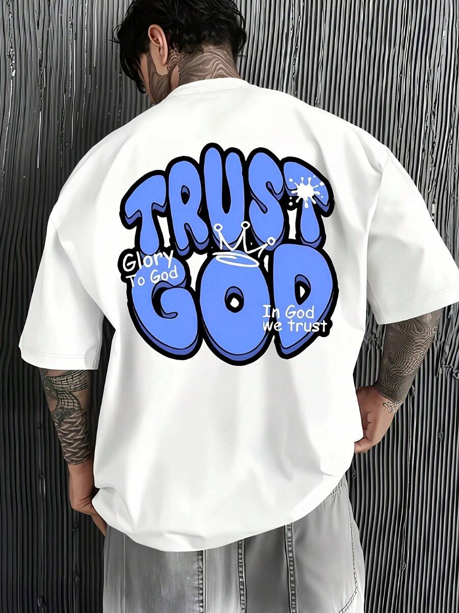 Men's Christian Faith T-Shirt - "Trust In The Lord, Glory In Him" Print On The Back With A Crown And Bible Verse (Psalm 23:1) - Loose-Fitting Casual Summer Short-Sleeve Crew Neck Shirt, Light Pink Suitable For Church And Everyday Wear - trắng - Xem 1