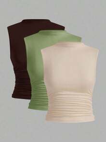 3 piezas Tops sin mangas plisados, tops sin mangas casuales de cuello plano para mujer, gran valor en paquete de 3, para el verano - Multicolor - Ver 11
