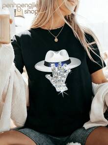 Camiseta Oversize Estampada "The King Of Pop" de Jackson para Mujer, Ropa para Conciertos, Camisetas Estampadas para Mujer, Ropa para Vacaciones en la Playa, Ropa de Verano para Mujer, Ropa para Conciertos Country, Ropa para Brunch para Mujer - Negro 4 - Ver 6
