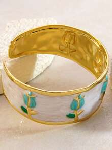 1 pieza Brazalete vintage de esmalte con flor, brazalete de puño abierto con patrón de tulipán de gota de aceite colorido, accesorio para fiesta de jardín - Multicolor - Ver 3