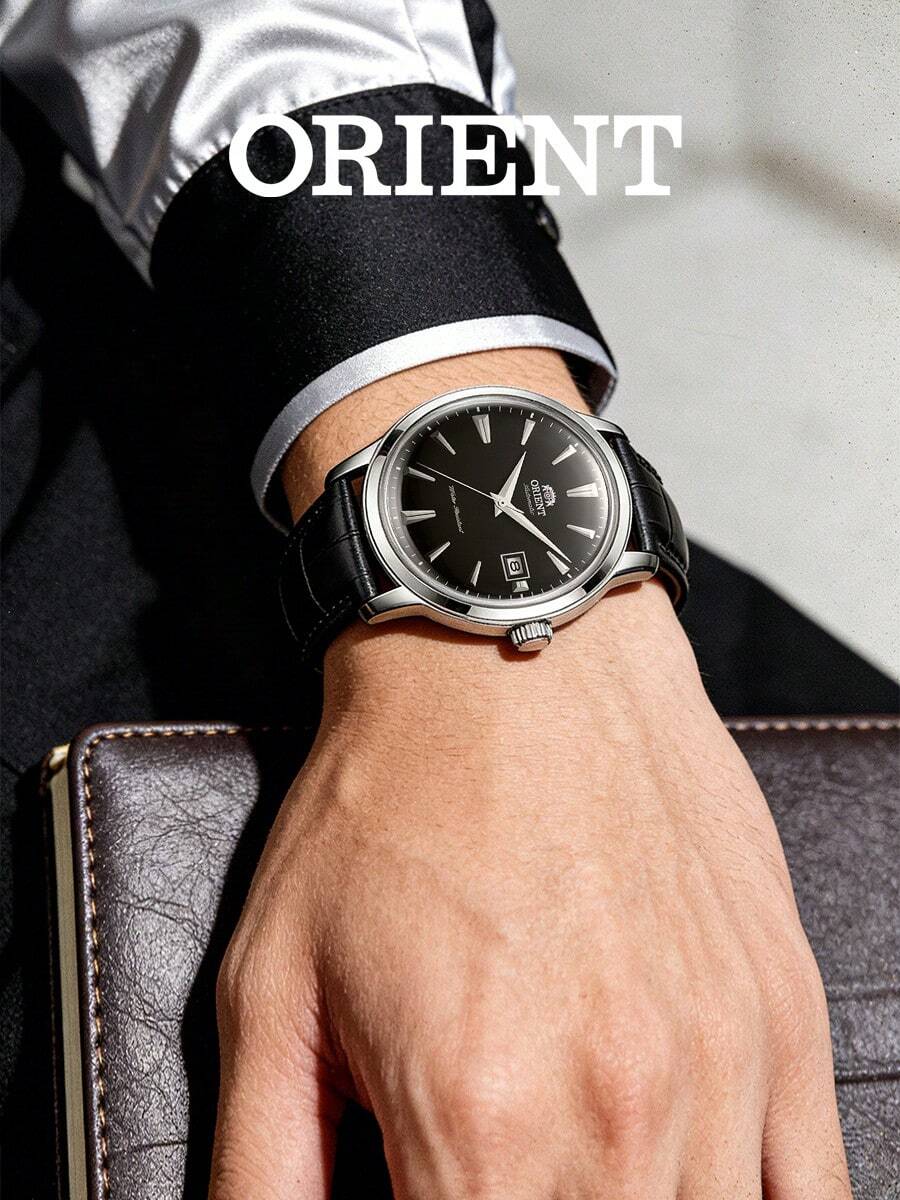 Orient 男士简约自动机械腕表，黑色表盘，日期显示，银色表壳，防水皮表带，商务/办公佩戴 - 黑色 - 查看 1