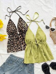 WYWH 2 piezas Camiseta sin espalda con escote en V y tirantes con estampado de leopardo sexy, adecuada para vacaciones, citas, té de la tarde, vacaciones, festivales de música, estilo bohemio - Verde - Ver 1