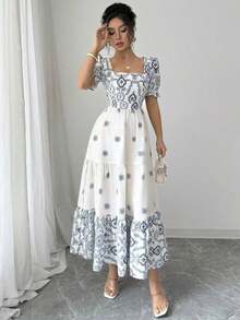 Elenzya Vestido casual/de trabajo de manga corta con cuello cuadrado y cintura ceñida en línea A con estampado para mujer - Azul y blanco - Ver 4