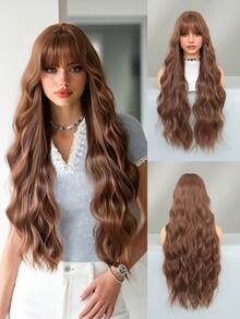 7JHH WIGS Extra Long Body Wave Mocha Brown Wig For Women 32 Inch Elegant Wavy Curly Wig With Bangs, Natural Looking Soft Fluffy Synthetic Heat Resistant Fiber Hair Wig For Daily Wear, Music Festival Party Use - 摩卡棕 - 查看 2