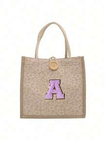 1pc Embroidered Letter Pattern Handbag, Floral Print Linen Tote Bag, Ditsy Floral Linen Decorative Button Handbag, Minimalist Large Capacity Handbag, Portable Casual Storage Tote Bag, Multifunctional Shopping Bag - Multicolor - View 11
