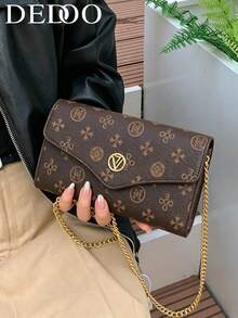 Dedoo PU皮革雙色字母印花休閒單肩包，女款信封包配鏈條肩帶，時尚百搭 - 咖啡 - 查看 9