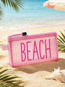 Striped Mesh Beach Bag, Colorful "Beach" Printed Makeup Bag, Beach Theme. Large Capacity Makeup Bag, Nylon Zipper Wash Bag - Lightweight, Can Store Sunscreen, Snacks, Bikinis, Documents, And Beach Essentials. - Multicolor - View 8