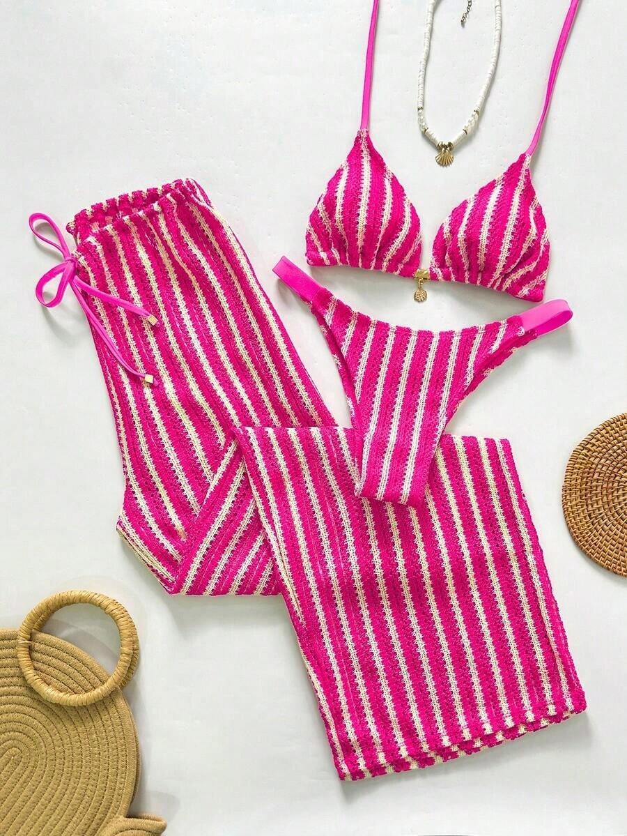 Swim Chiccia Conjunto de bikini a rayas sexy para mujer con pantalones, nueva llegada de trajes de baño para mujer 2026, adecuado para la escuela, vacaciones, citas, té de la tarde, estilo occidental, cruceros, playa, isla, viajes por carretera, todas las estaciones, festivales de música, vacaciones bohemias, vacaciones bohemias, otoño relajado, estilo occidental bohemio, blusas elegantes para mujer - Multicolor 2 - Ver 1