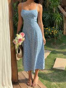Vestido de playa con tirantes finos y estampado floral ditsy rojo para mujeres - Azul - Ver 3