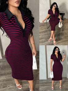 Vestido polo de manga corta a rayas blanco y negro de estilo minimalista y casual para ir al trabajo, vestido de punto de media longitud con ajuste ceñido y gran elasticidad, vestido elegante francés - Multicolor - Ver 7
