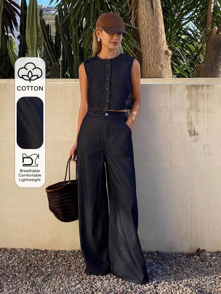 Conjunto casual de mezclilla para mujer con chaleco sin mangas de cuello redondo y abierto al frente, y pantalones vaqueros rectos y sueltos - Azul lavado oscuro - Ver 1