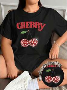Free Shipping, Local Delivery In Mexico, Delivery In 4 Days. Casual Black Short-Sleeved T-Shirt With Cherry Embroidery. - 彩色 - 查看 1