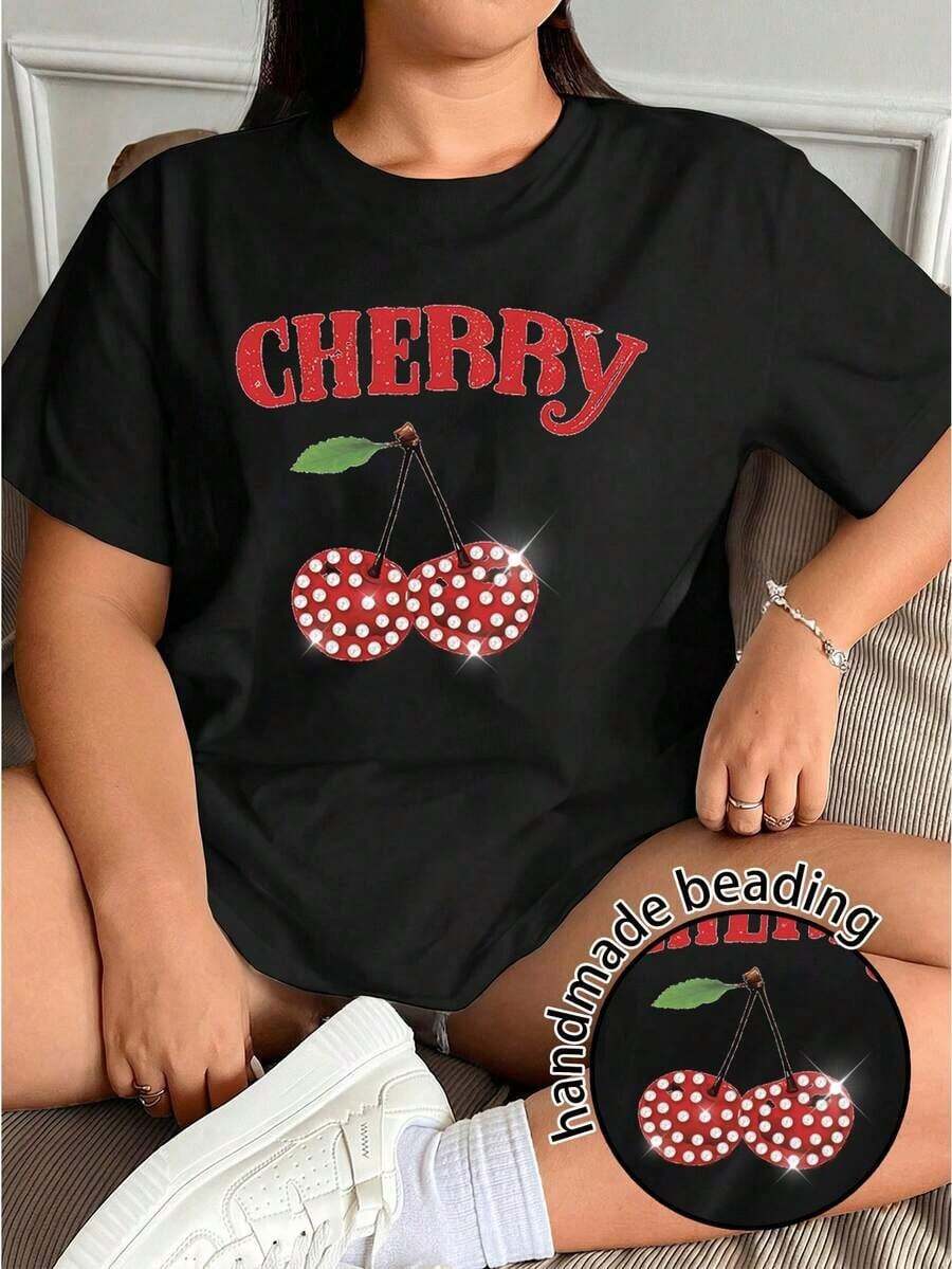 Free Shipping, Local Delivery In Mexico, Delivery In 4 Days. Casual Black Short-Sleeved T-Shirt With Cherry Embroidery. - 彩色 - 查看 1