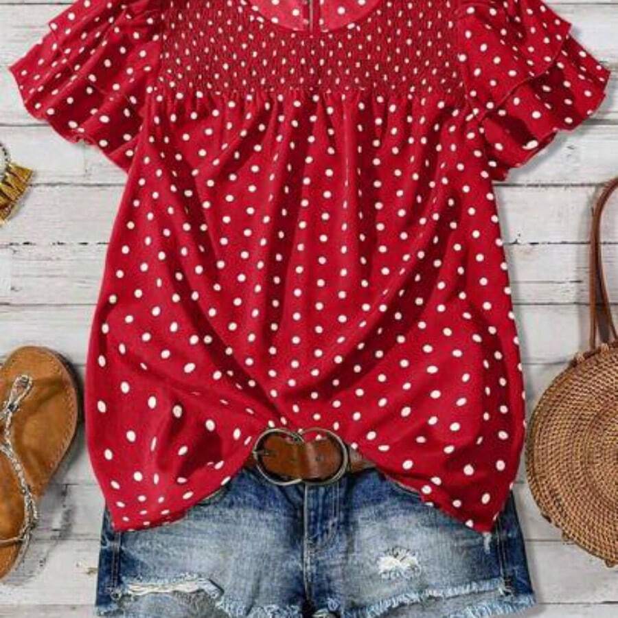 Women's Polka Dot Ruffle Double Layer Sleeve Casual Blouse - Burdeos - Ver 1
