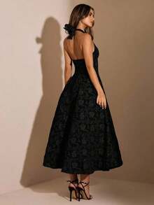 Elegante vestido de fiesta de mujer de satén jacquard con escote halter y lazo, apto para uso diario, citas, salidas, discoteca, fiesta, estilo princesa con acento de lazo, vestido de otoño, disfraz de Halloween - Negro 2 - Ver 2