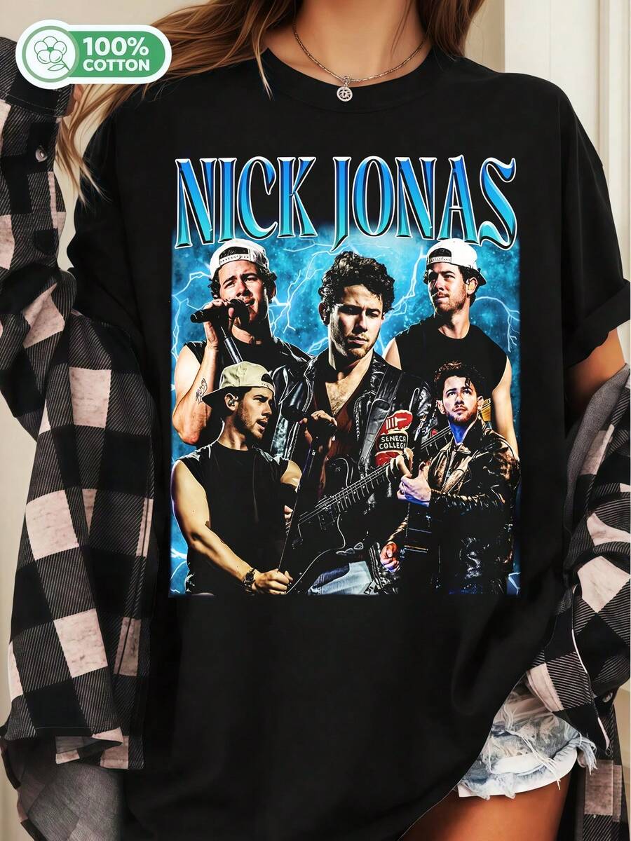 Nick Jonas Vintage Bootleg Style Unisex Cotton T-Shirt Pop Singer Graphic Streetwear Tee - Black - View 1