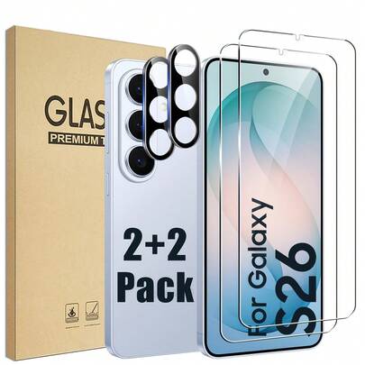 适用于三星 Galaxy S26/S26 Plus/S26 Ultra 的 4 片装高清钢化玻璃屏幕保护膜，支持指纹解锁，3D 透明，镜头保护膜