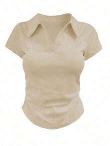 Camiseta casual versátil de mujer con cuello y mangas cortas plisadas - Negro - Ver 3