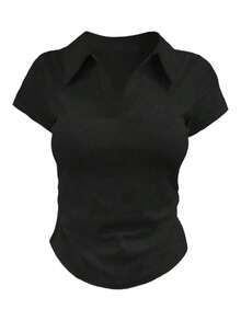Camiseta casual versátil de mujer con cuello y mangas cortas, plisada y de unicolor - Multicolor 5 - Ver 5