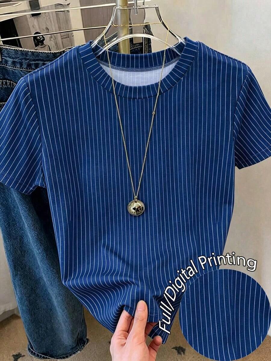 Camiseta de manga corta de cuello redondo a rayas para mujer, de uso versátil y casual para uso diario - Multicolor 4 - Ver 1