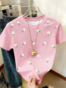 Camiseta casual versátil de mujer con cuello redondo y manga corta con estampado de margaritas - Multicolor 2 - Ver 5