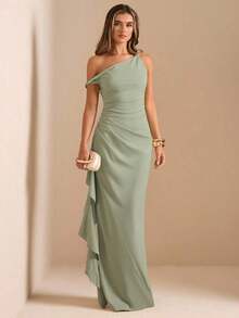 de dama de honor de otoño/invierno, vestido largo elegante con pliegues, abertura alta, volantes y hombros oblicuos con nudo retorcido y sin tirantes, sexy para fiestas - Verde - Ver 8