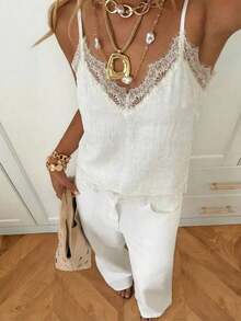 Camiseta de tirantes elegante de mujer con parches de encaje de unicolor para el verano - Blanco - Ver 3
