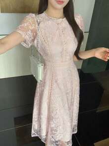 Vestido corto con adorno de encaje en las mangas, vestido mini elegante y refinado - Rosa vieja - Ver 5