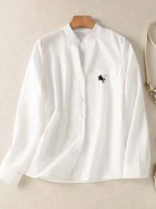 Camisa de mujer de unicolor con cuello en V y botones - Blusa casual y elegante de manga larga con detalle de bolsillo, adecuada para vacaciones, viajes y uso diario, artículo esencial para primavera, verano, otoño e invierno - Blanco 2 - Ver 10