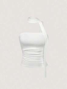 Top bandeau fruncido con estampado de leopardo y bufanda para mujer - Blanco - Ver 1