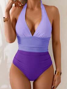 Traje de baño de una pieza con control de abdomen, estilo minimalista de unicolor, con escote halter y espalda descubierta, para vacaciones de verano en la playa - Multicolor 2 - Ver 4