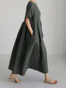Vestido de lino suelto, casual, elegante y cómodo para mujer.Vestido largo suelto de manga corta, con bolsillo, cuello redondo y unicolor.Ajuste relajado para el verano - Gris - Ver 5