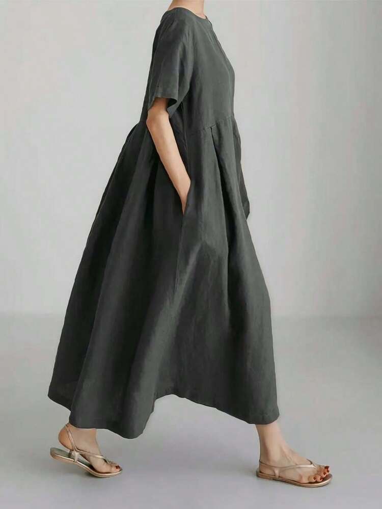 Vestido de lino suelto, casual, elegante y cómodo para mujer.Vestido largo suelto de manga corta, con bolsillo, cuello redondo y unicolor.Ajuste relajado para el verano - Gris - Añade 5