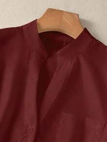 Camisa de mujer de unicolor con cuello en V y botones - Blusa casual y elegante de manga larga con detalle de bolsillo, adecuada para vacaciones, viajes y uso diario, artículo esencial para primavera, verano, otoño e invierno - Café integral - Ver 10