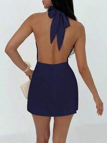 Vestido mini plisado de mujer con espalda abierta y atado - Azul marino - Ver 2