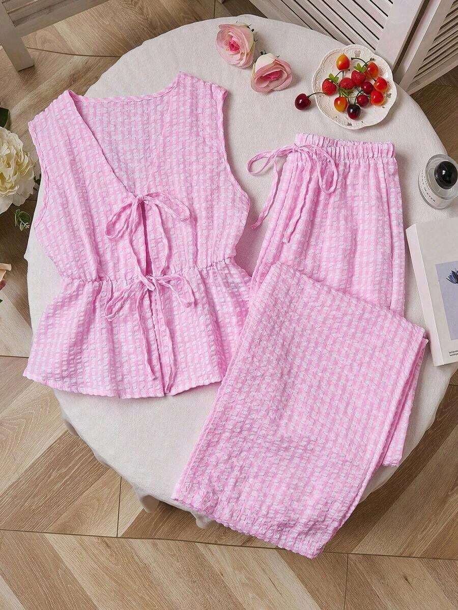 Sweetro Set de 2 piezas: Pantalones rectos con cordones y rayas, estilo callejero para mujer, verano - Rosa 2 - Ver 1