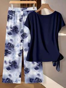 Conjunto de 2 piezas de blusa con lazo y pantalones de pierna recta para mujer - Multicolor 5 - Ver 2