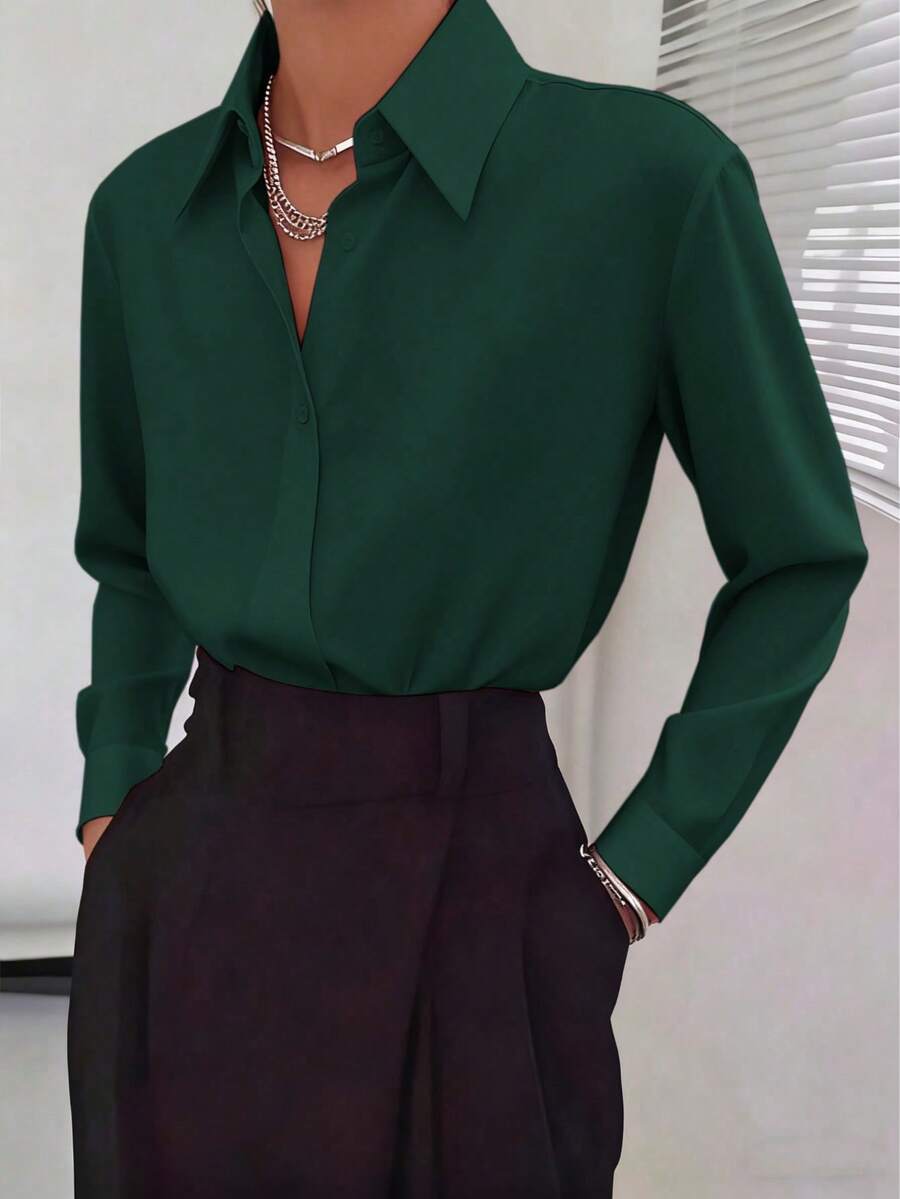 女士纯色简约日常百搭长袖衬衫,适合办公室穿着,春季款 - 墨綠色 - 查看 1
