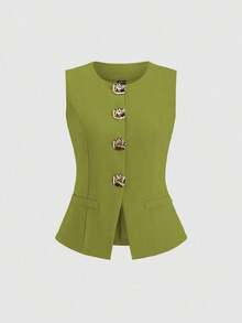 Tall Top sin mangas con botones metálicos básicos de estilo minimalista francés para mujeres altas - Verde - Ver 5