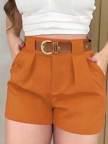Pantalones cortos casuales sueltos con piernas anchas y plisados de unicolor para mujeres - Naranja - Ver 6