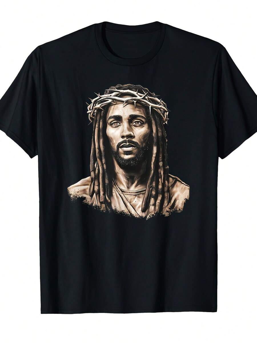 Christian Graphic T-Shirt For Men And Women With 3D Crown Of Thorns And Dreadlocks Design, African American Style - Black Crew Neck, Short Sleeve, Regular Fit, Casual And Outdoor Church Wear, Unisex - 黑色 - 查看 1