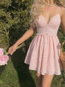MOD Vestido de tirantes con bordado floral, patchwork y encaje para mujer en verano - Rosa - Ver 7