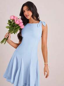 Vestido mini casual y de fiesta con pliegues y lunares para mujer - Celeste - Ver 3
